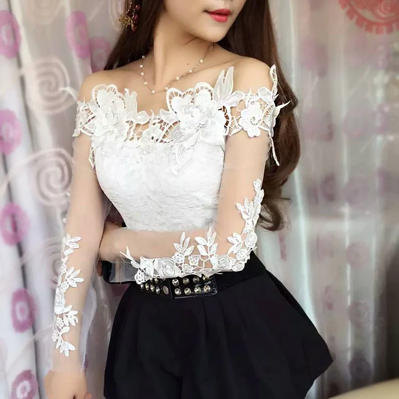 2019 Summer Fashion Lace Blouse Sexy Slash Neck off Shoulder Shirts Ladies Office Wear Sheath Tops Long sleeved autumn costumes
2019 Summer Fashion Lace Blouse Sexy Slash Neck off Shoulder Shirts Ladies Office Wear Sheath Tops Long sleeved autumn costumes