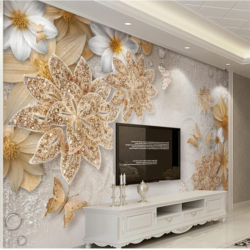 

Обои wellyu de parede 3d европейские роскошные золотые украшения Цветы бабочки задний фон для телевизора Фотообои