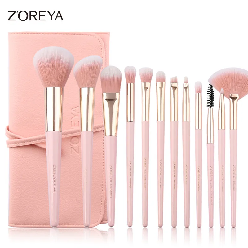 

ZOREYA Make Up Brushes 12pcs Pink Makeup Brush Powder Blush Foundation Eye Shadow Foundation Blending Concealer Brow Fan