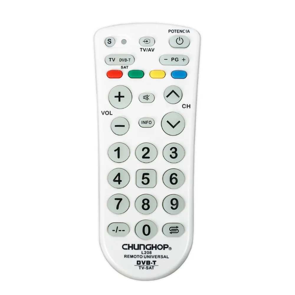 Universal remote control for chunghop L208 TV DVB-t SAT operating 3 devices controller
Universal remote control for chunghop L208 TV DVB-t SAT operating 3 devices controller