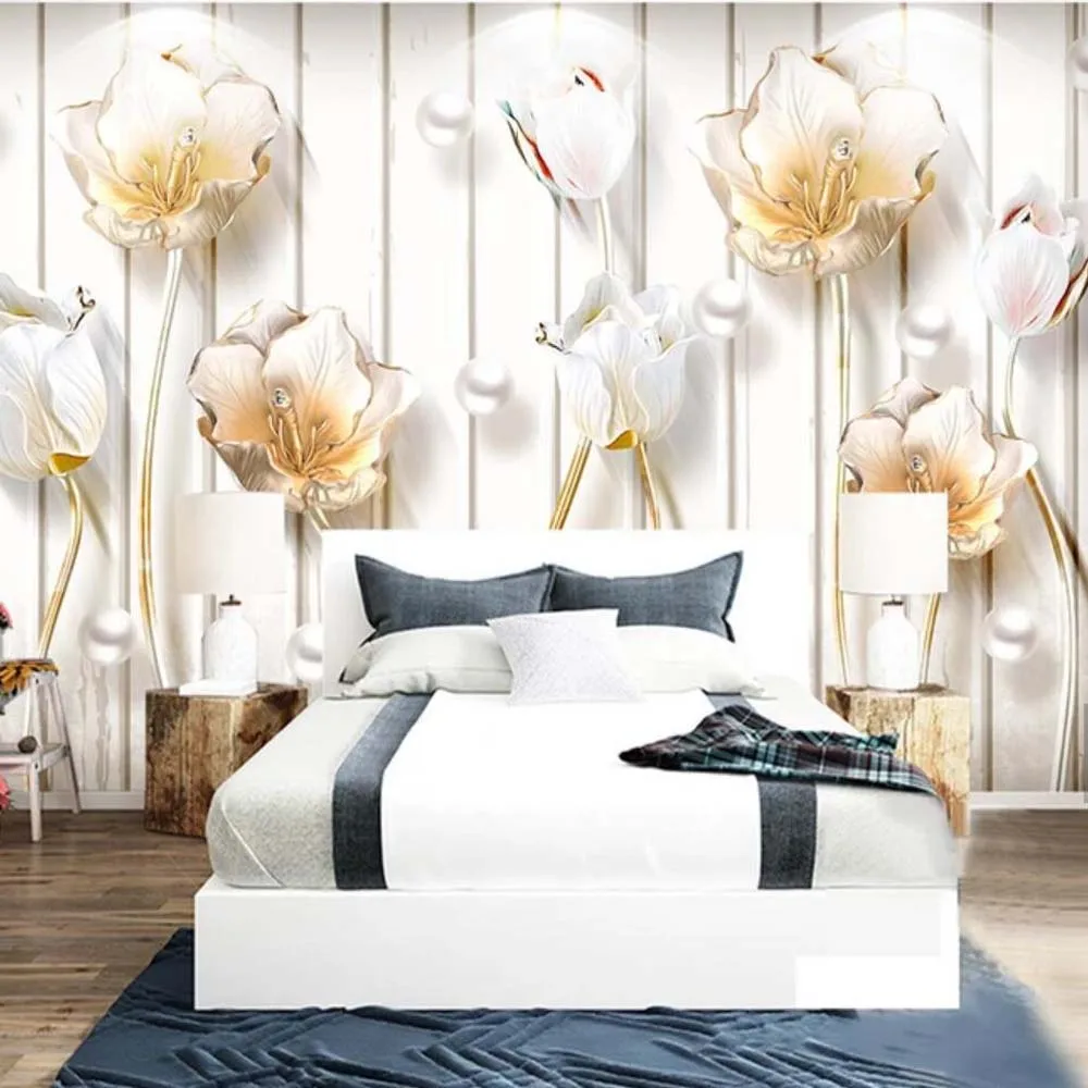 3D Embossed Tulip Flower Wallpaper Murals Wall Paper Roll for Living Room TV Background Decor papier peint Floral Mural 3d | Обустройство