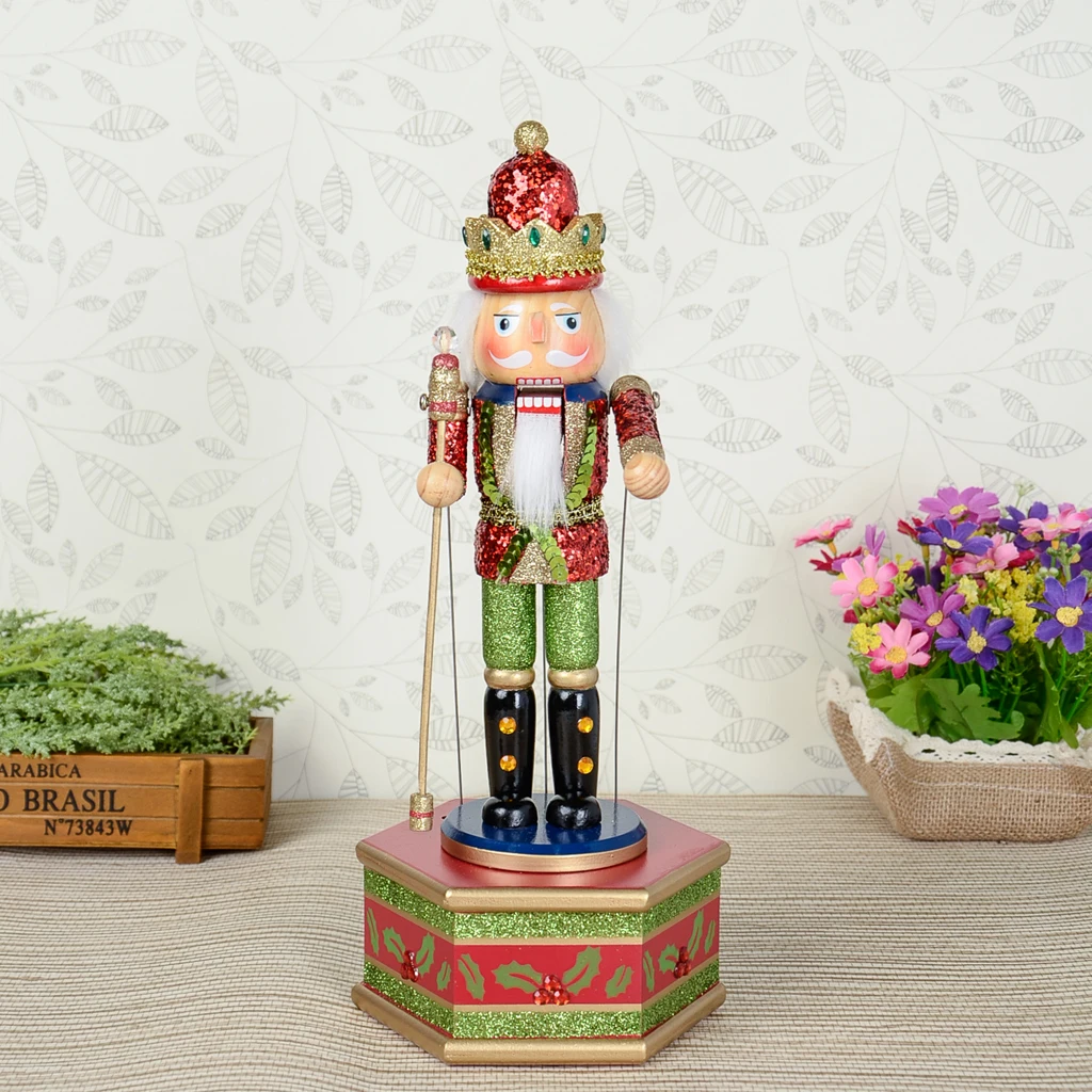Handmade Wooden Nutcracker with Scepter On with Music Box w/ Clockwork Home Ornament Christmas Decor Display Collectibles Gifts