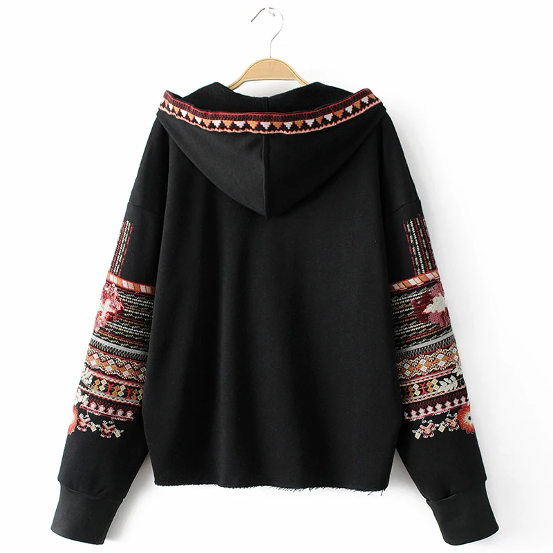 ShejoinSheenjoy Hooded Long Sleeve Loose Hoodies Women Fashion Black Vintage Floral Geometric Embroidery Sweatshirt Pullovers (22)