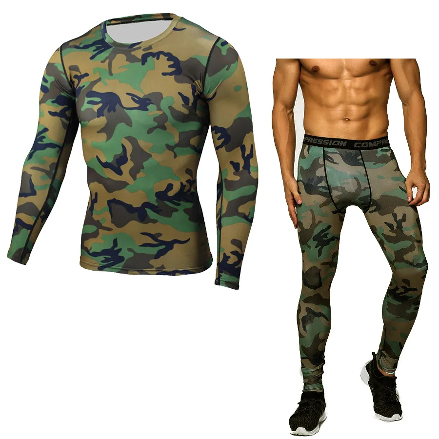Compression Running Set Men Sports Fitness Training Bodybuilding Long Sleeve T-Shirts & Leggings Pants Quick Dry Camouflage | Спорт и