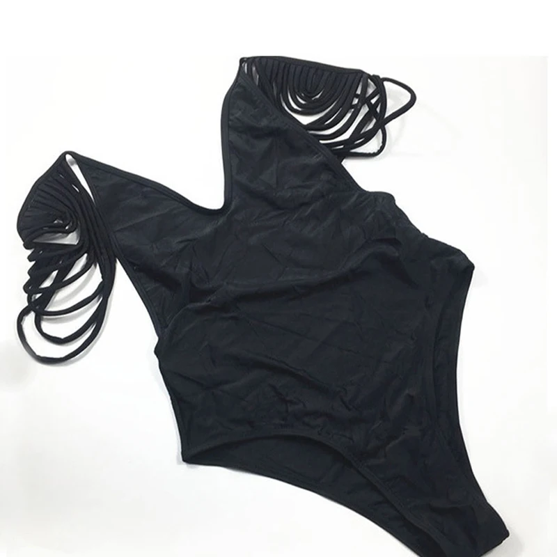 2019 Swimwear Whole Swimsuit Women One Piece Swimsuit Black Swimsuit Monokini Push Up Tassel Sleeve Swimwear Plus Size (2)
