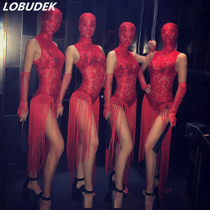 Women Nightclub Pole Dancing Costume Sexy Bar DJ DS Stage Wear Red Lace See-through Dress Perspective Performance Tassels | Тематическая