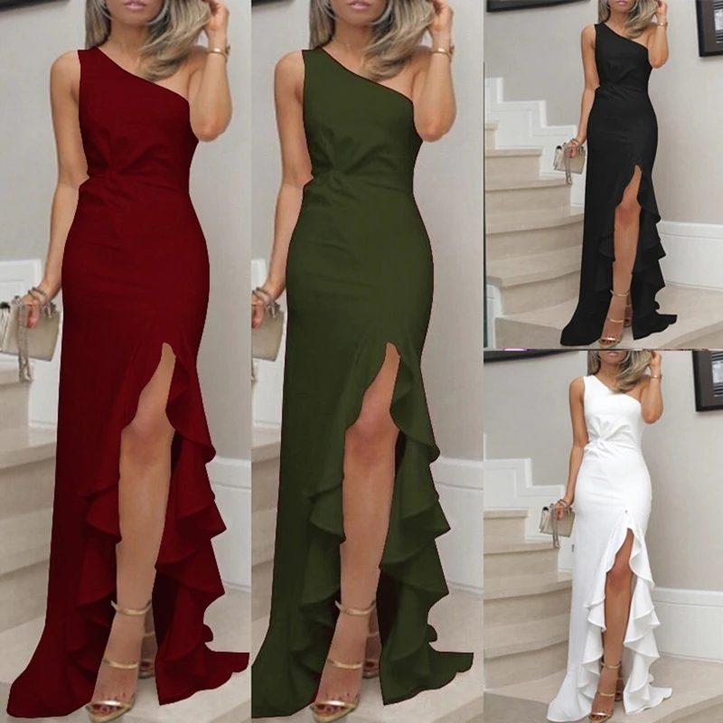 Sexy one-shoulder waist lady long section dress Solid color sexy strapless female irregular dress Hem split ruffled girl dress
Sexy one-shoulder waist lady long section dress Solid color sexy strapless female irregular dress Hem split ruffled girl dress