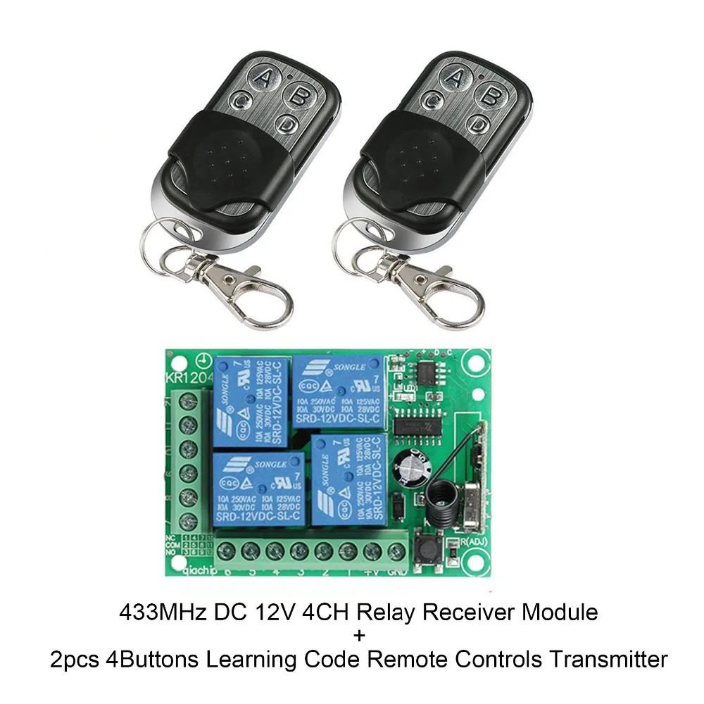 QIACHIP Wireless Remote Control Switch RF 433MHz 4CH DC 12V Relay Receiver Module and 2pcs Learning Code Remote Controls Transmitter