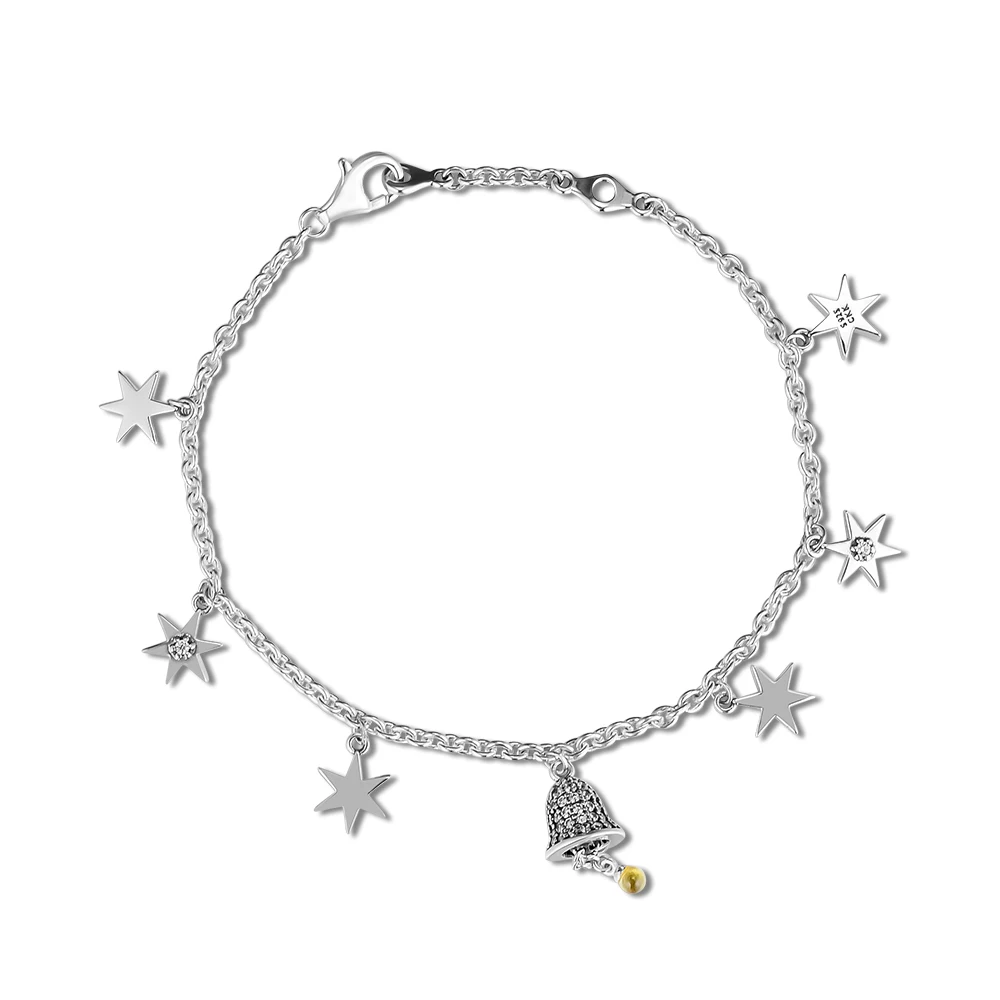 Фото Реальные 925 стерлингового серебра праздничный Белл звезда браслет в стиле ретро