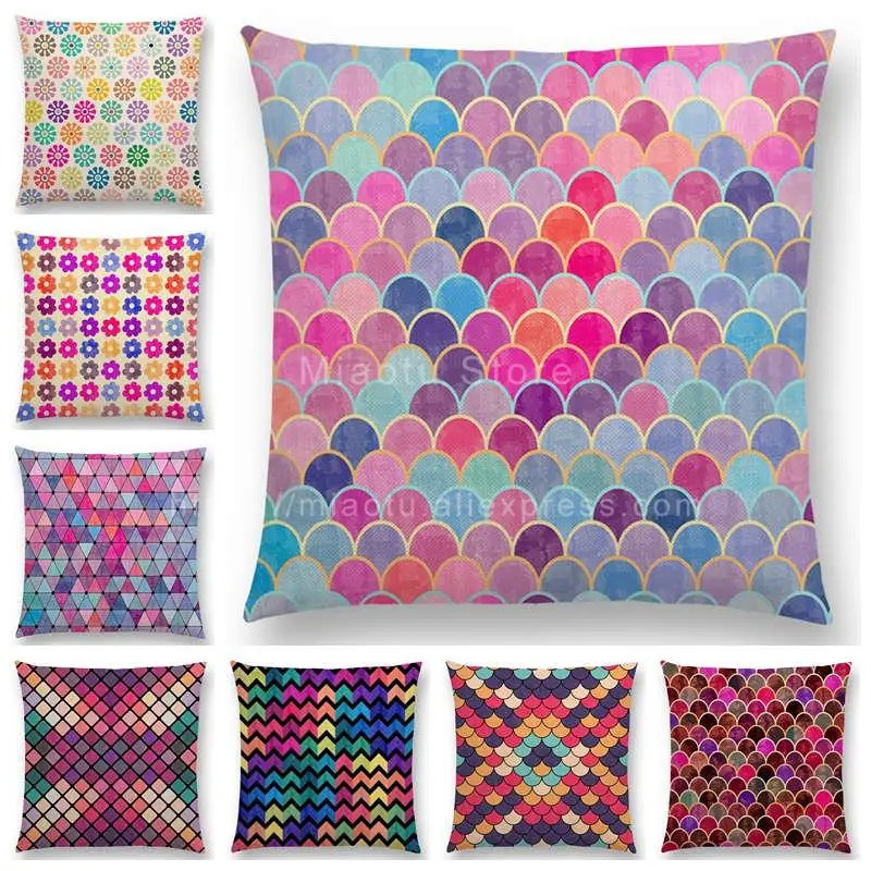 

Lovely Geometric Pattern Cushion Cover Pastel Triangles Diamond Colorful Flowers Dots Stars Rainbow Wave Sofa Throw Pillow Case