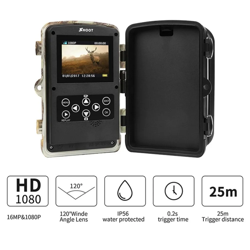 1080P 16MP HD Trail Camera Infrared Night Vision Wide Angle Hunting Camera IP56 Waterproof Cam for Wildlife Animal Monitoring
1080P 16MP HD Trail Camera Infrared Night Vision Wide Angle Hunting Camera IP56 Waterproof Cam for Wildlife Animal Monitoring