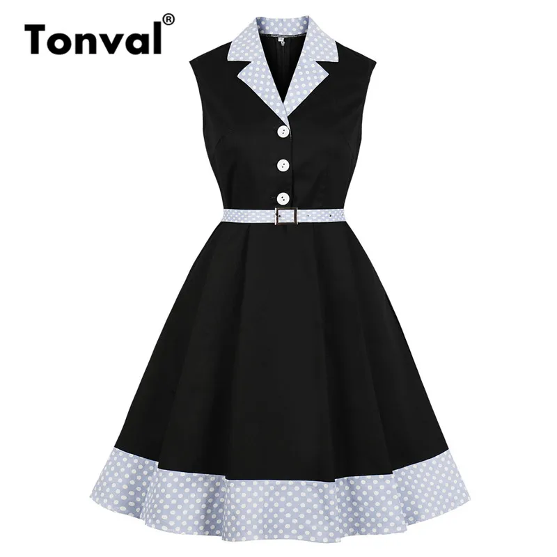 Tonval Black Contrast Polka Dot Turn-Down Collar Vintage Dress Women Summer Clothes Office Lady Belted Cotton Retro Dresses
Tonval Black Contrast Polka Dot Turn-Down Collar Vintage Dress Women Summer Clothes Office Lady Belted Cotton Retro Dresses