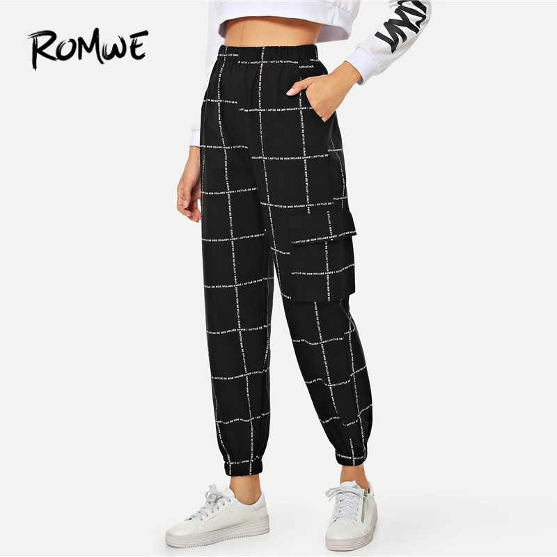 ROMWE Pocket Decoration Letter Print Pants 2019 Fashion Spring Autumn Elastic Waist Crop Pants Women Mid Waist Plaid Trousers
ROMWE Pocket Decoration Letter Print Pants 2019 Fashion Spring Autumn Elastic Waist Crop Pants Women Mid Waist Plaid Trousers
