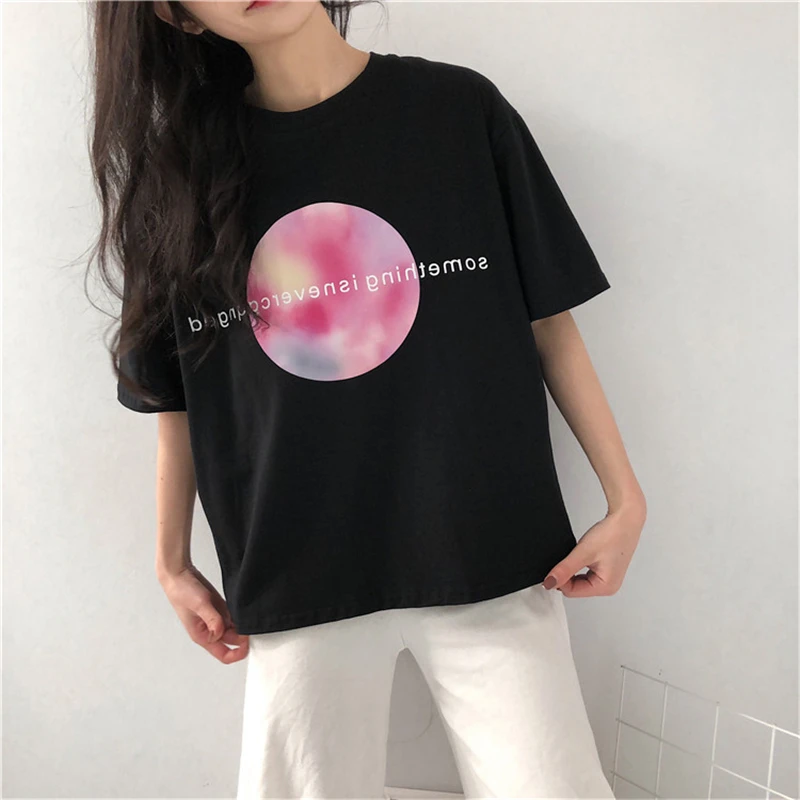 Enprimer New Hot Summer Casual T-shirts Women Girls Circle With Galaxy Pink Pattern Tees O-Neck Short Sleeve Tee Drop Shipping |