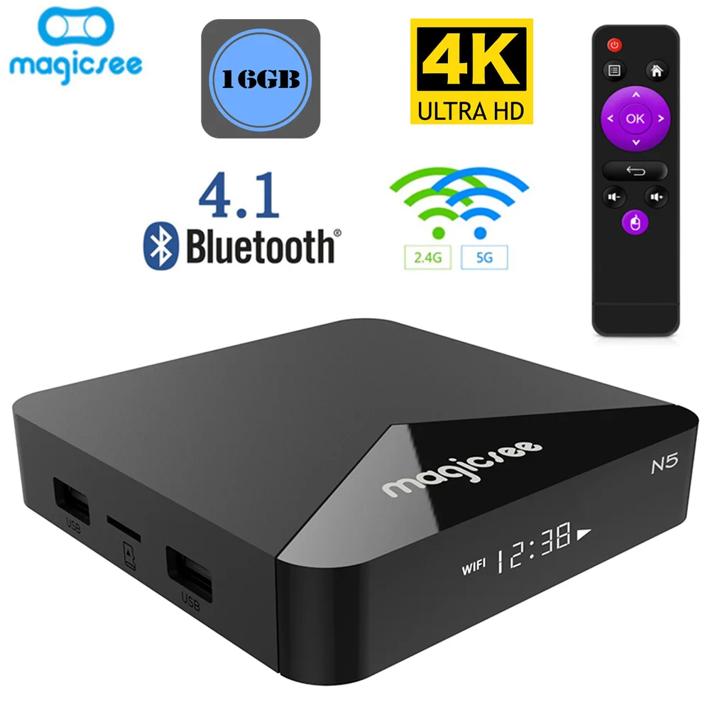 MAGICSEE N5 Android TV OS TV Box Amlogic S905X Android 7.1.2 2GB 16GB 2.4G 5G WiFi 100Mbps BT4.1 Support 4K H.265 Set Top Box
MAGICSEE N5 Android TV OS TV Box Amlogic S905X Android 7.1.2 2GB 16GB 2.4G 5G WiFi 100Mbps BT4.1 Support 4K H.265 Set Top Box