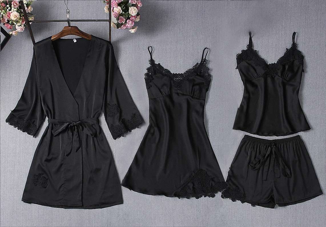 Black Womens 4PC Strap Top Pants Suit Pajamas Sleepwear Sets Spring Home Wear Nightwear Sexy Kimono Robe Bath Gown Bathrobe
Black Womens 4PC Strap Top Pants Suit Pajamas Sleepwear Sets Spring Home Wear Nightwear Sexy Kimono Robe Bath Gown Bathrobe