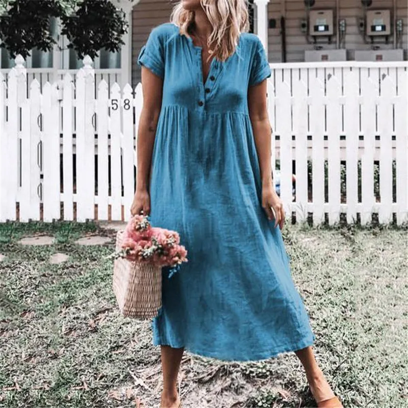 Women Spring Summer Cotton Linen Baggy Long Dress Ladies Fashion Solid Short Sleeve Loose Sundress Dress New
Women Spring Summer Cotton Linen Baggy Long Dress Ladies Fashion Solid Short Sleeve Loose Sundress Dress New