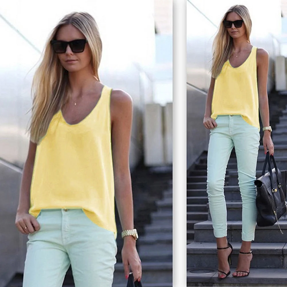 Ladies Solid Breathable Off Shoulder Fabala V Neck Sleeveless Candy Color Beach Shirt Comfortable Plus Size Casual Chiffon Top
Ladies Solid Breathable Off Shoulder Fabala V Neck Sleeveless Candy Color Beach Shirt Comfortable Plus Size Casual Chiffon Top