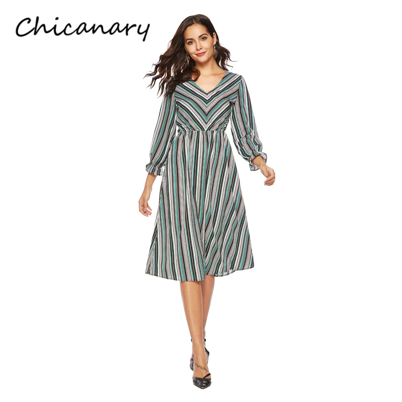 Chicanary Striped Chiffon Dress Women Long Sleeve V-neck Midi One-pieces Dresses
Chicanary Striped Chiffon Dress Women Long Sleeve V-neck Midi One-pieces Dresses