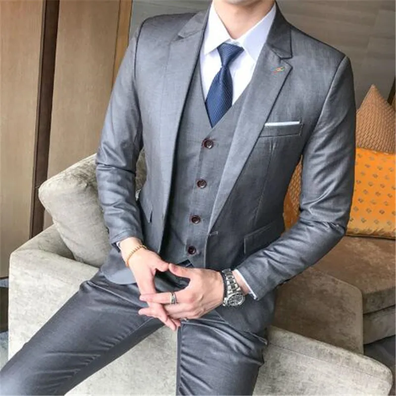 Серый Свадебный мужской костюм из 3 предметов (пиджак + брюки жилет галстук)