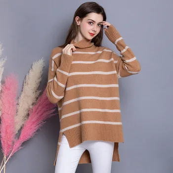 Autumn And Winter New Style Turtleneck Pullover Irregular Hem Yak Cashmere Wool Jumpers Striped Long Section of Female Fashion
Autumn And Winter New Style Turtleneck Pullover Irregular Hem Yak Cashmere Wool Jumpers Striped Long Section of Female Fashion