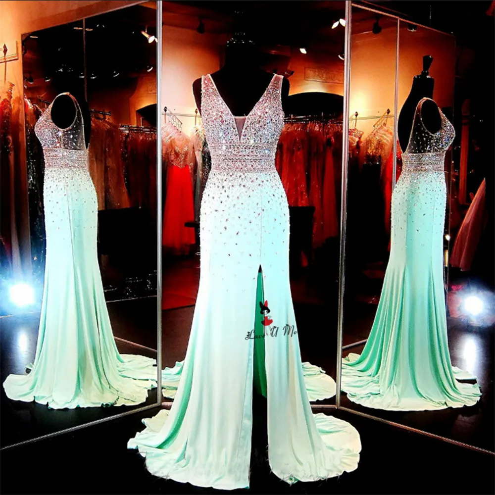 Real Photo Mint Green Crystals Evening Dresses Long Backless Chiffon Split Front V Neck Mermaid Prom Dress 2017 Robe de Soiree
Real Photo Mint Green Crystals Evening Dresses Long Backless Chiffon Split Front V Neck Mermaid Prom Dress 2017 Robe de Soiree