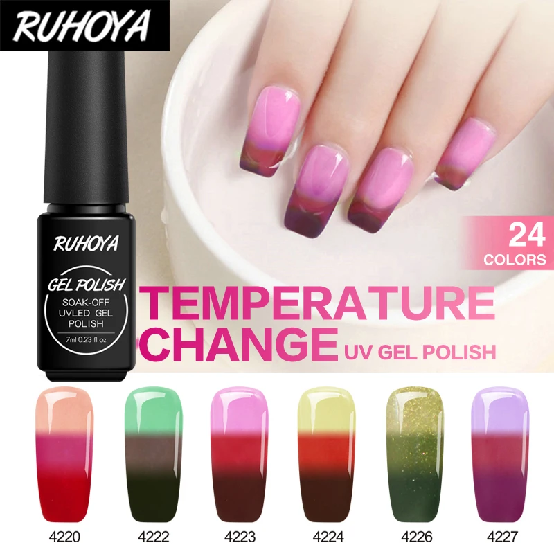Ruhoya UV Color Change Gel Varnish Soak Off Chameleon Change Gel Lacquer Semi Permanent Temperature Changing Nail Gel Polish
Ruhoya UV Color Change Gel Varnish Soak Off Chameleon Change Gel Lacquer Semi Permanent Temperature Changing Nail Gel Polish