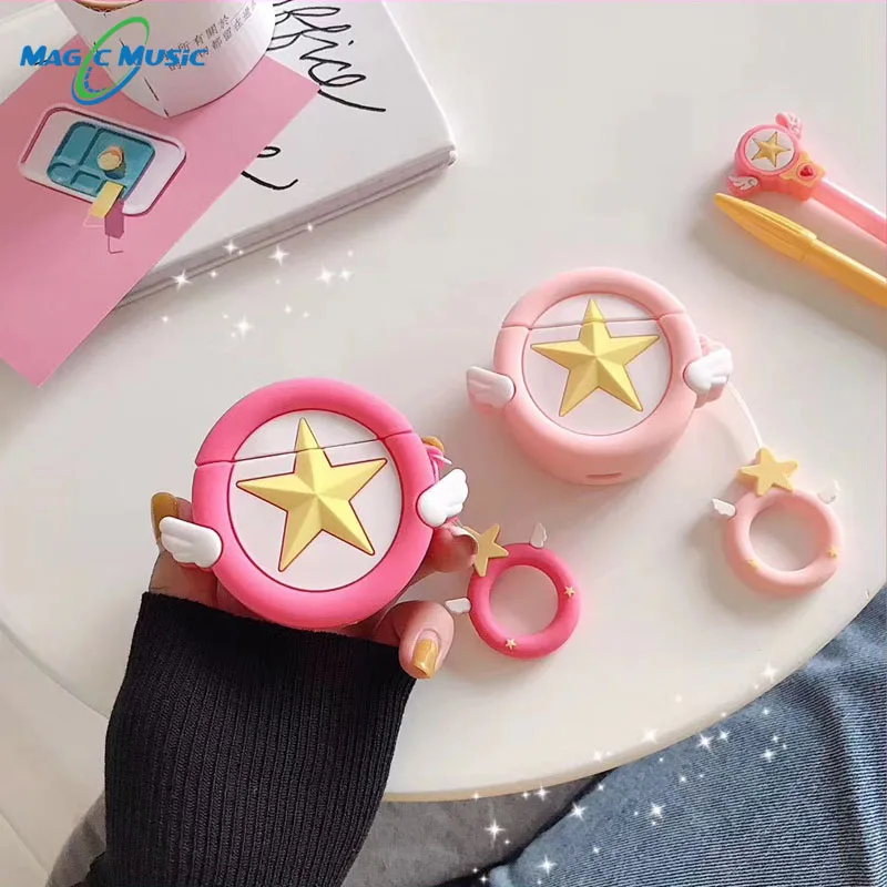 

Earphone Case For AirPods Case Silicone Cute 3D Cartoon Sakura Pink Star Angel Wing Cover For Apple Air pods 2 Finger Ring Strap