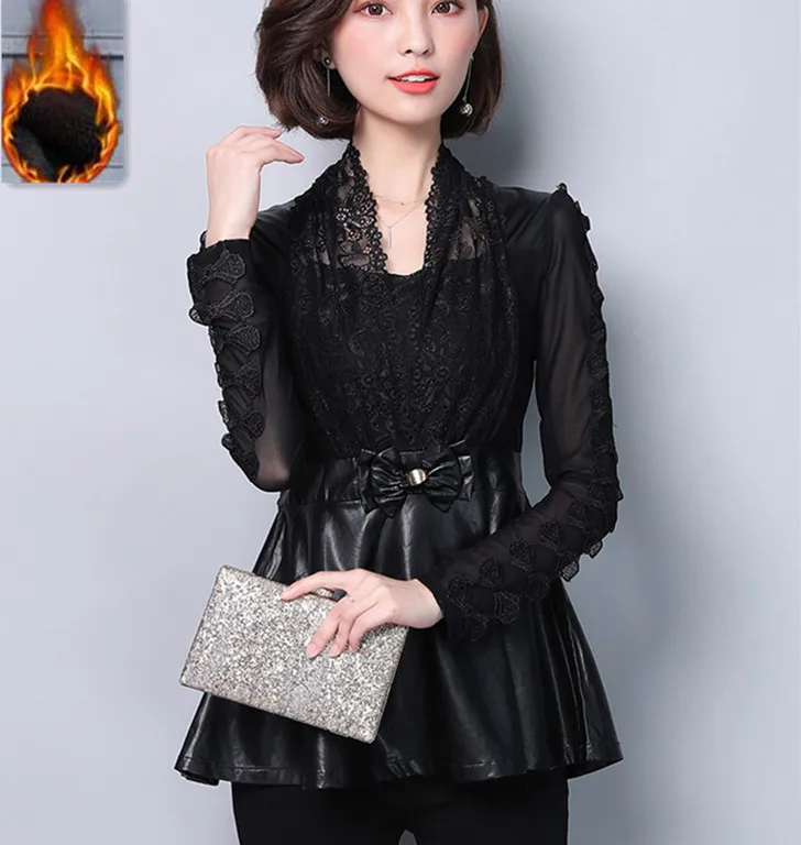 2019 Autumn long sleeve embroidery lace patchwork PU leather blouses women leather Peplum tops lady ruffles lace blouses shirts
2019 Autumn long sleeve embroidery lace patchwork PU leather blouses women leather Peplum tops lady ruffles lace blouses shirts