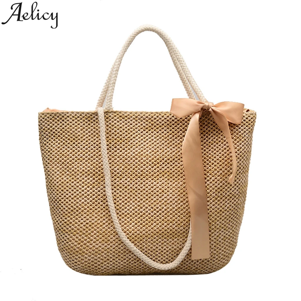 

Aelicy 2019 Fashion Women Braided Bow Solid Color Large Capacity Wild Handbag Shoulder Bags summer beach bag Girls Shopping