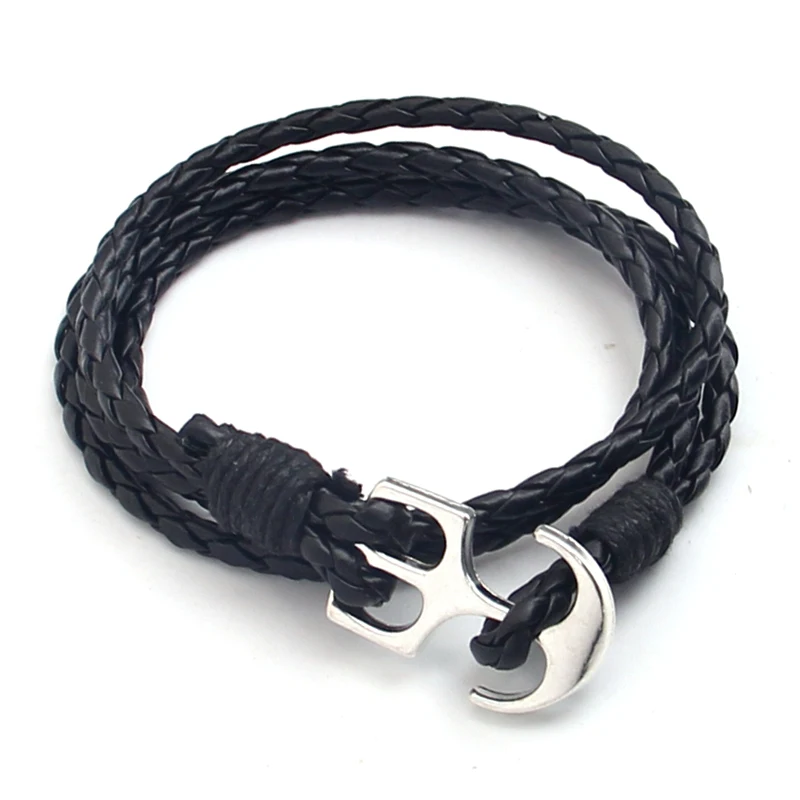 NIUYITID 40cm PU Leather Men Bracelet Jewelry Anchor Bracelet Handmade Silver Color Alloy Braclet For Women Male Accessories (2)