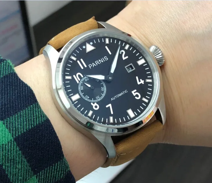 47mm big pilot PARNIS Black dial Automatic Self-Wind movement Auto Date men watches luminous Mechanical watches pa146-p8
47mm big pilot PARNIS Black dial Automatic Self-Wind movement Auto Date men watches luminous Mechanical watches pa146-p8