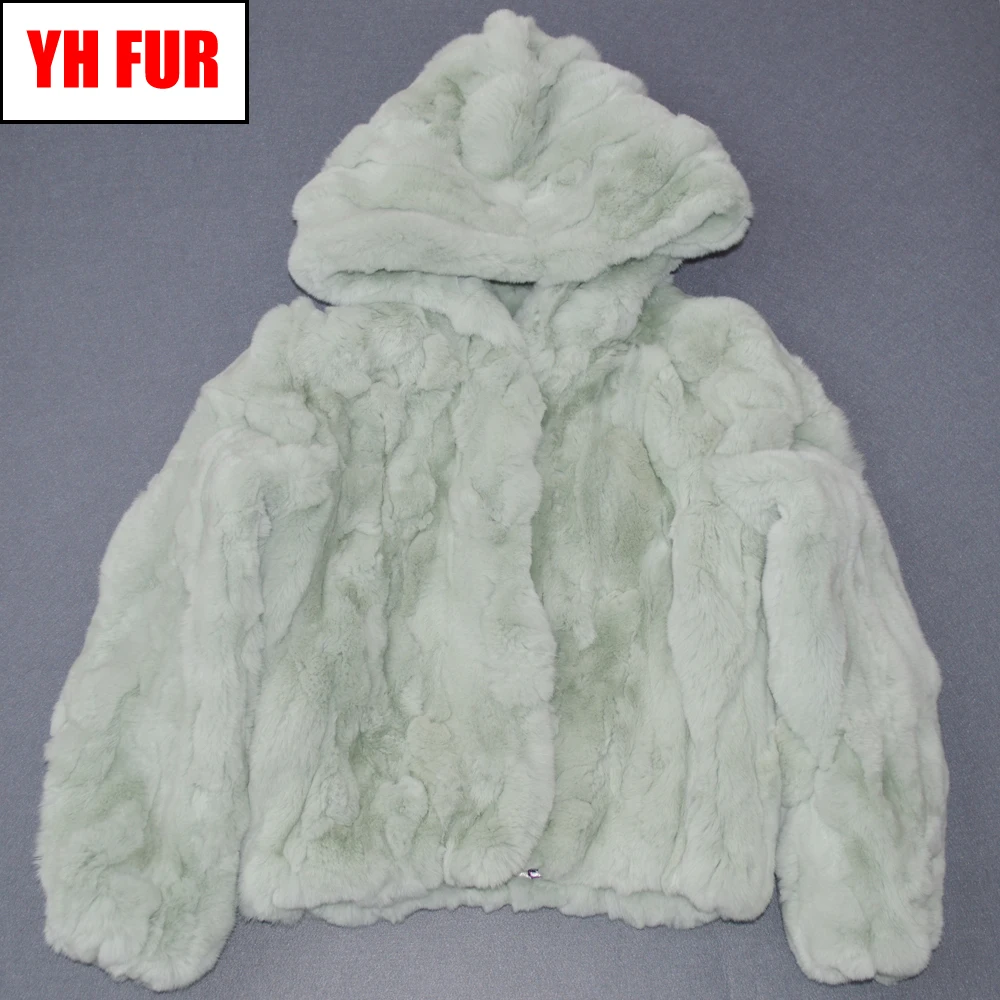 

Warm Soft Women Hooded Real Rex Rabbit Fur Coat Real Rex Rabbit Fur Jacket Girls Real Genuine Rex Rabbit Fur Short Hood Overcoat