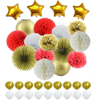 

Red White Gold Tissue Paper Pom Poms Honeycomb Balls Lanterns Paper Fan Foil Star&Latex Balloons for Wedding Nursery Decorations