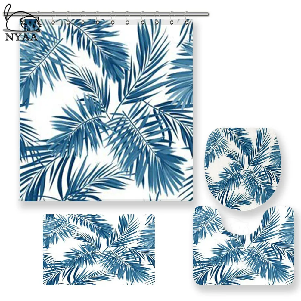 NYAA 4 Pcs Blue Pattern With Palm Leaves Shower Curtain Pedestal Rug Lid Toilet Cover Mat Bath Mat Set For Bathroom Decor
NYAA 4 Pcs Blue Pattern With Palm Leaves Shower Curtain Pedestal Rug Lid Toilet Cover Mat Bath Mat Set For Bathroom Decor