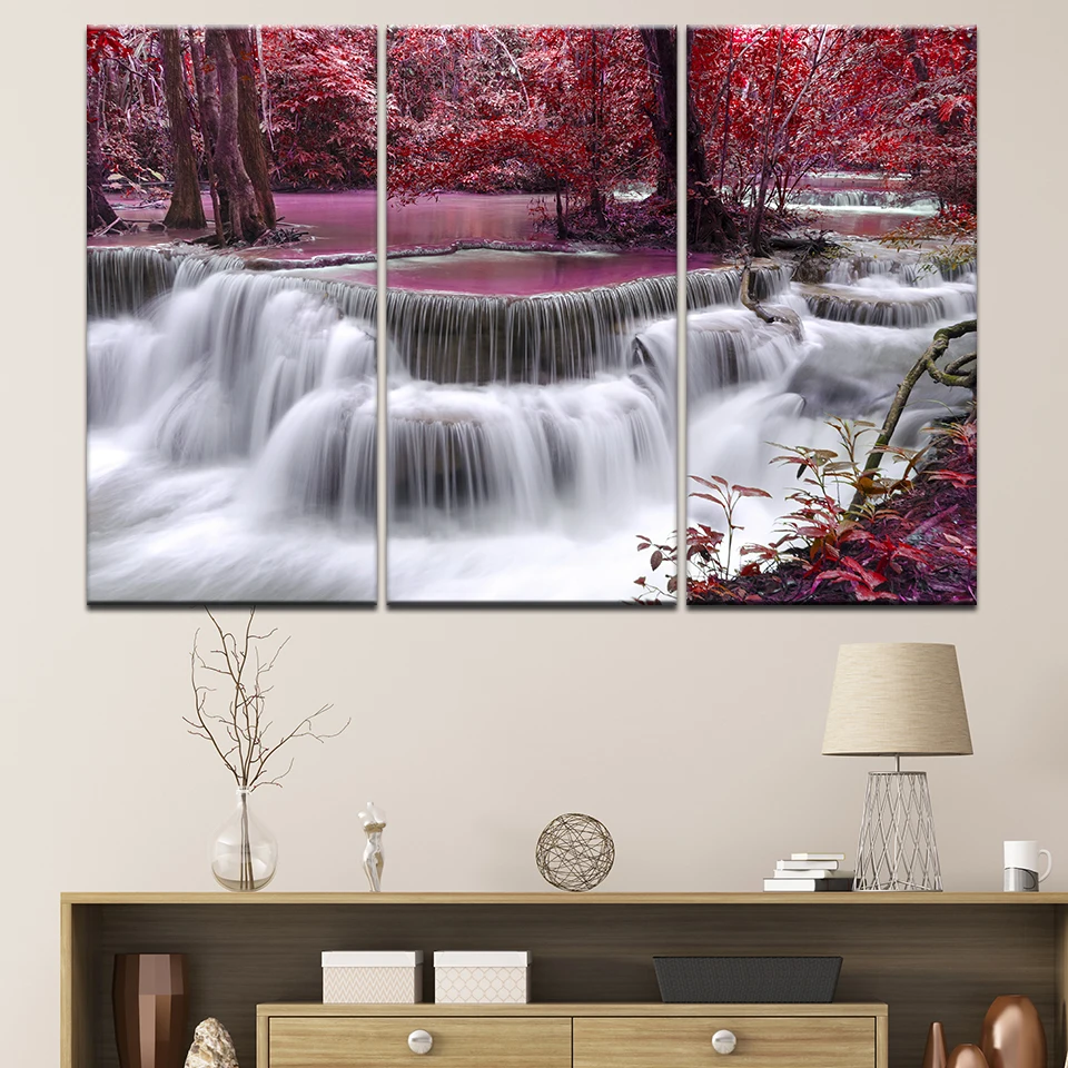 Red Maple Tree Forest Waterfall Natural Landscape Canvas Paintings Wall Art For Living Room Home Decor Poster HD Prints Pictures | Дом и сад