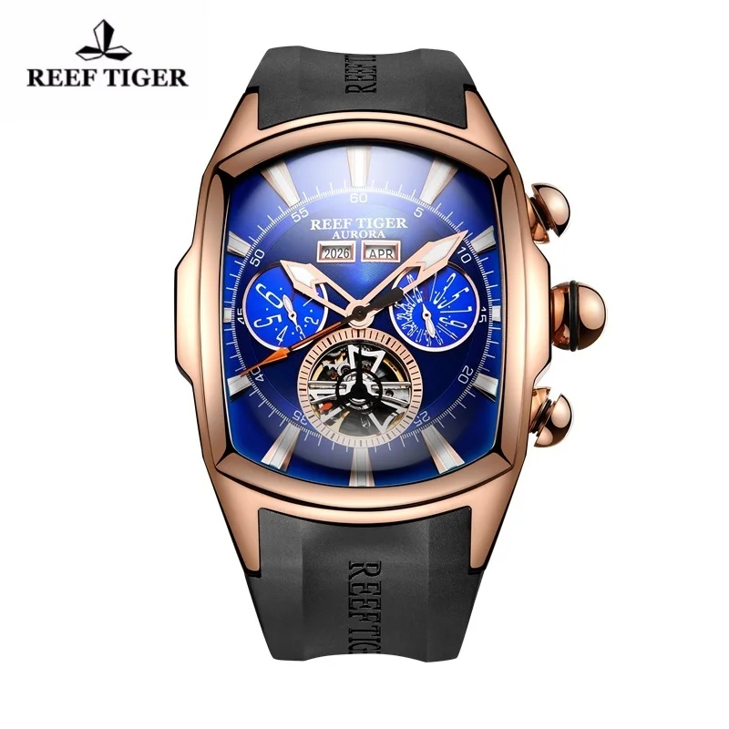 

Reef Tiger/RT Big Dial Sport Watch for Men Luminous Analog Display Tourbillon Watches Rose Gold Blue Dial Wrist Watches RGA3069