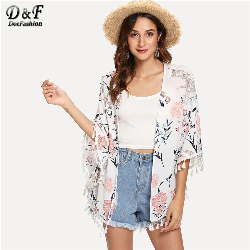 

Dotfashion Fringe Tassel Trim Floral Print Kimono Tops Women 2019 Summer Boho Beachwear Clothing Half Sleeve Cardigan Kimonos