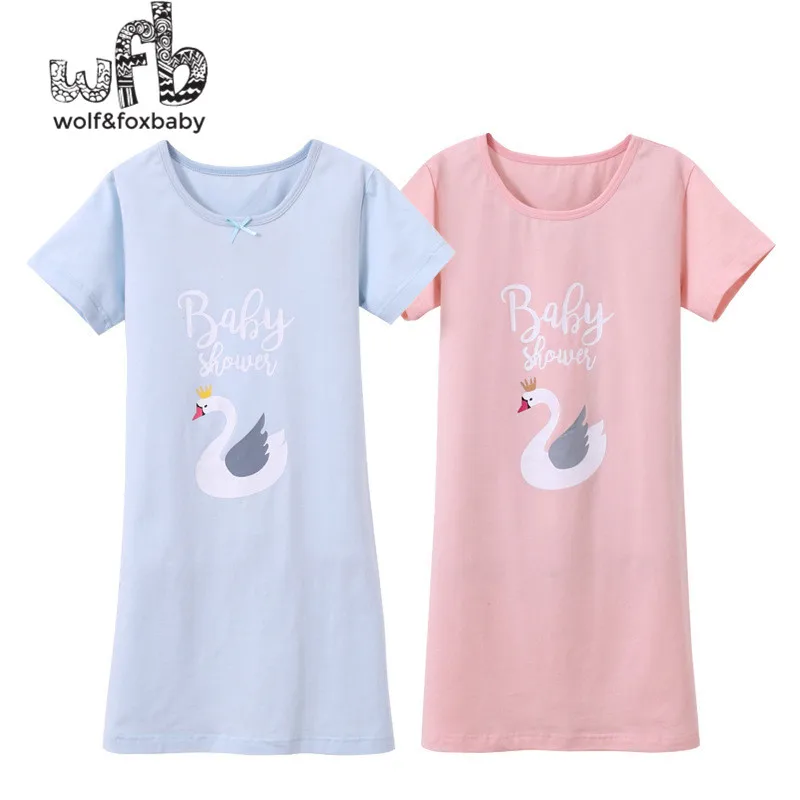 

Retail 3-14 years cotton children's home wear nightdress girl baby pajamas autumn fall summer swan