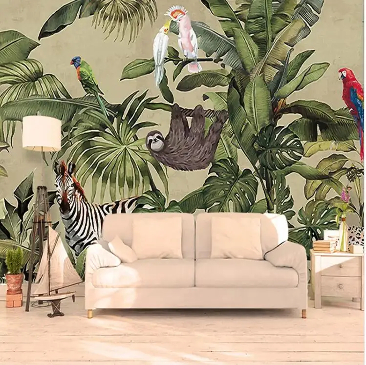 

Custom 3D Photo Wallpaper Vintage Tropical Rain Forest Bird Palm Leaves Living Room TV Background Wall Mural Non-woven Wallpaper