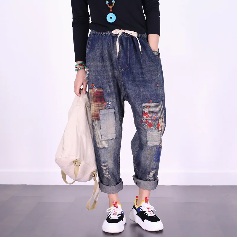Women Patchwork Plaid Embroidered Bleached Elastic Waist Denim Pants Jeans Ladies Loose Scratched Denim Trousers Female Jeans
Women Patchwork Plaid Embroidered Bleached Elastic Waist Denim Pants Jeans Ladies Loose Scratched Denim Trousers Female Jeans