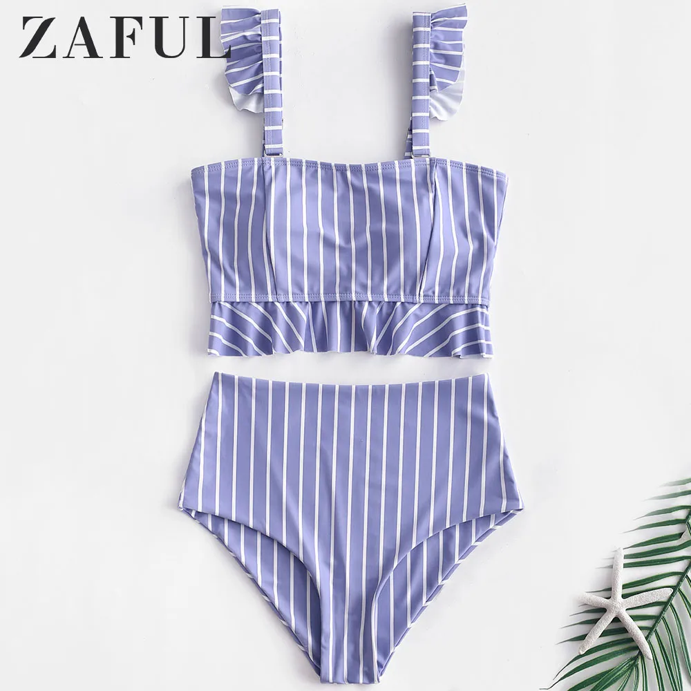 

ZAFUL Bikini Striped Ruffles High Rise Tankini Set Sweet Girls Swim Suit High Waisted Spaghetti Strap Bathing Suit Swimwear