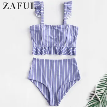 

ZAFUL Bikini Striped Ruffles High Rise Tankini Set Sweet Girls Swim Suit High Waisted Spaghetti Strap Bathing Suit Swimwear