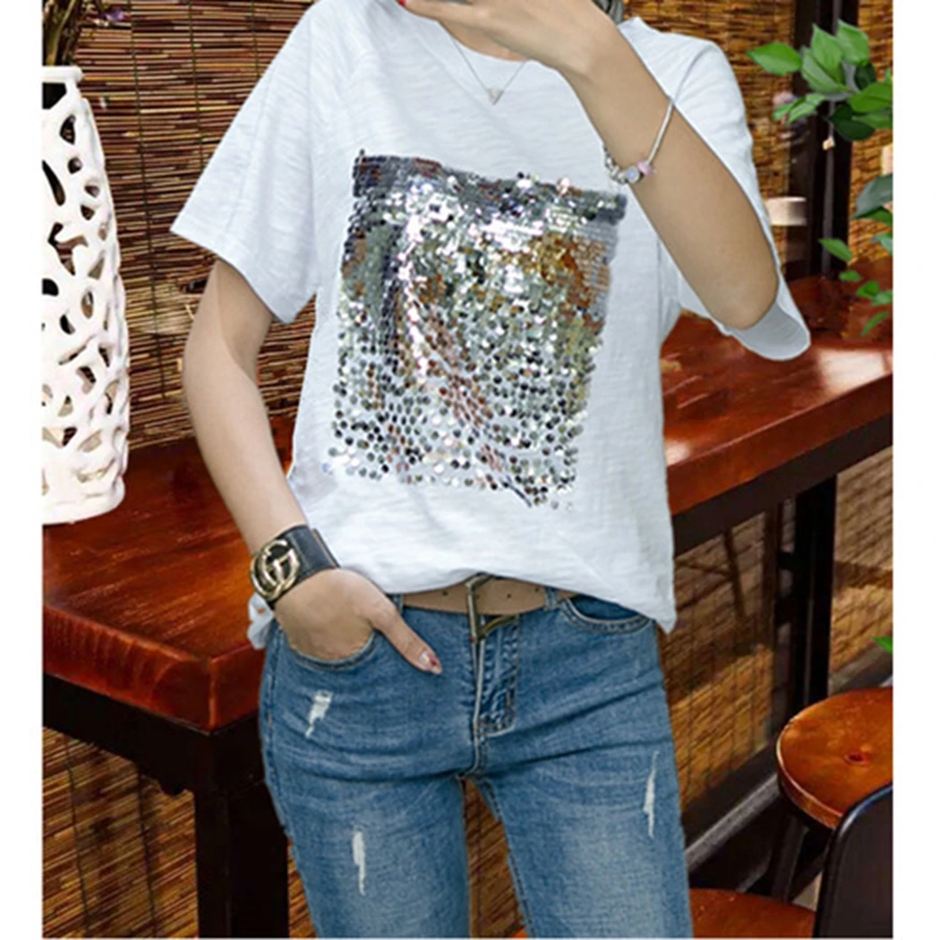 Women Glitter Sequin T-Shirt Short Sleeve Cotton Summer Top Shine O-Neck Loose T Shirt Female White Black Tshirt Tee Shirt Femme
Women Glitter Sequin T-Shirt Short Sleeve Cotton Summer Top Shine O-Neck Loose T Shirt Female White Black Tshirt Tee Shirt Femme