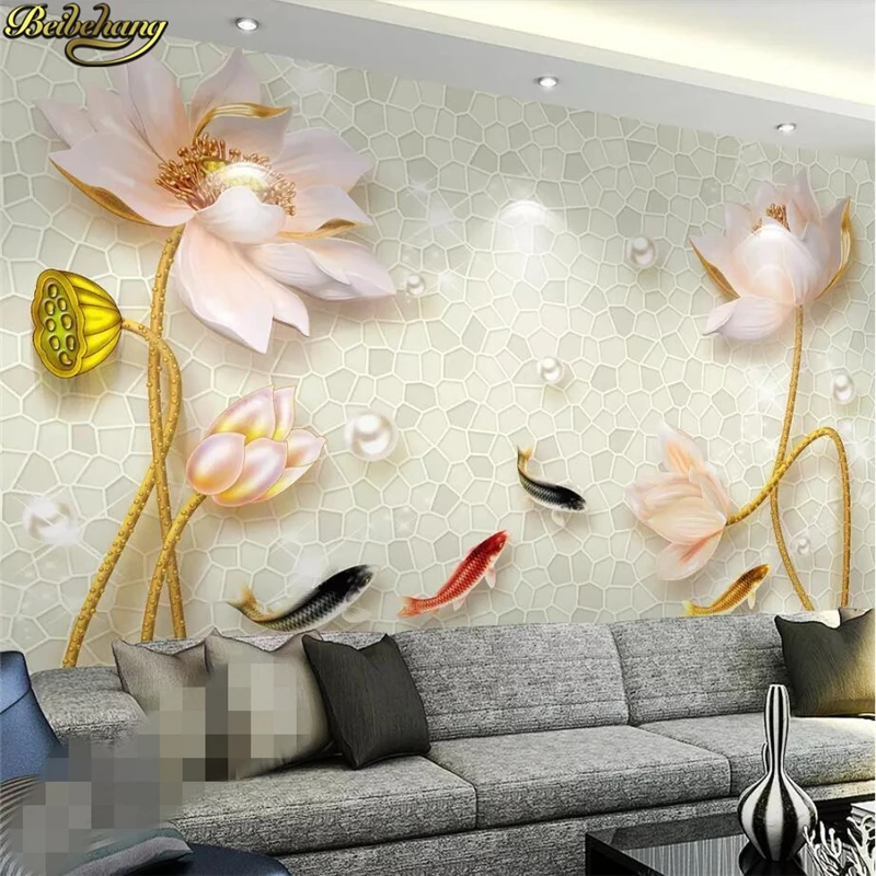 beibehang Custom photo wallpaper wall painter and rich 3D relief lotus nine fish Chinese style papel de parede | Обустройство дома