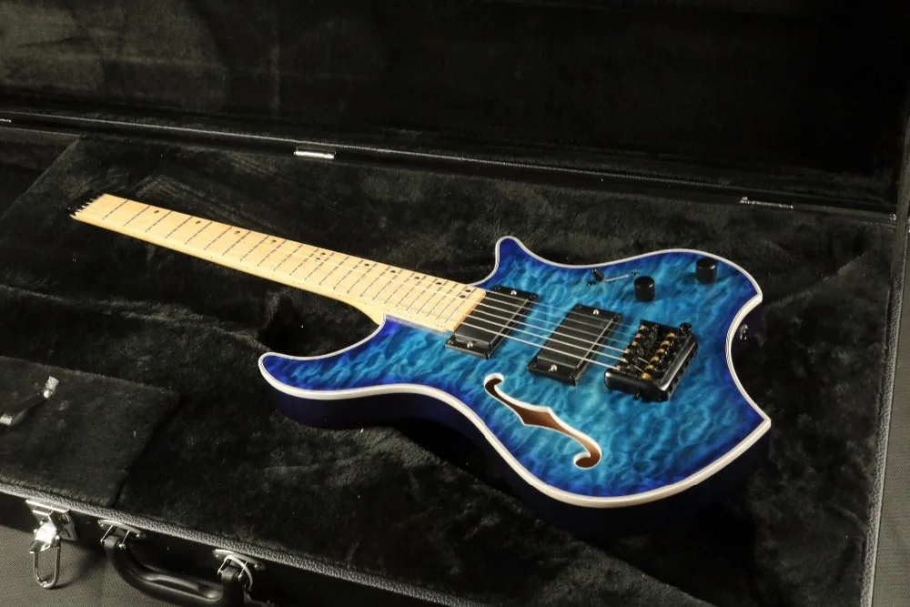 Top Quality GYHL-0009 Headless Blue Color Ash wood body with F hole Quilted Maple Veneer cover Active pickup electric Guitar
Top Quality GYHL-0009 Headless Blue Color Ash wood body with F hole Quilted Maple Veneer cover Active pickup electric Guitar