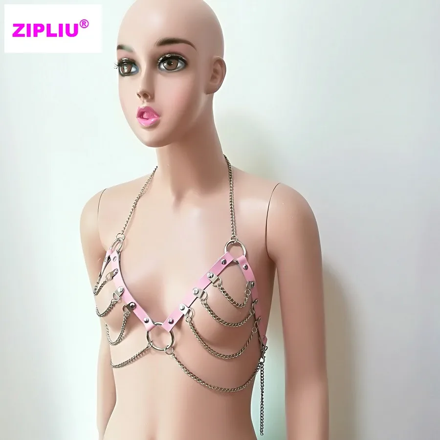 Women sexy Body Bondage Studded Rivet Punk Harness pink Leather metal Chain Handmade female Chest Belt goth Bra O-round | Женская одежда