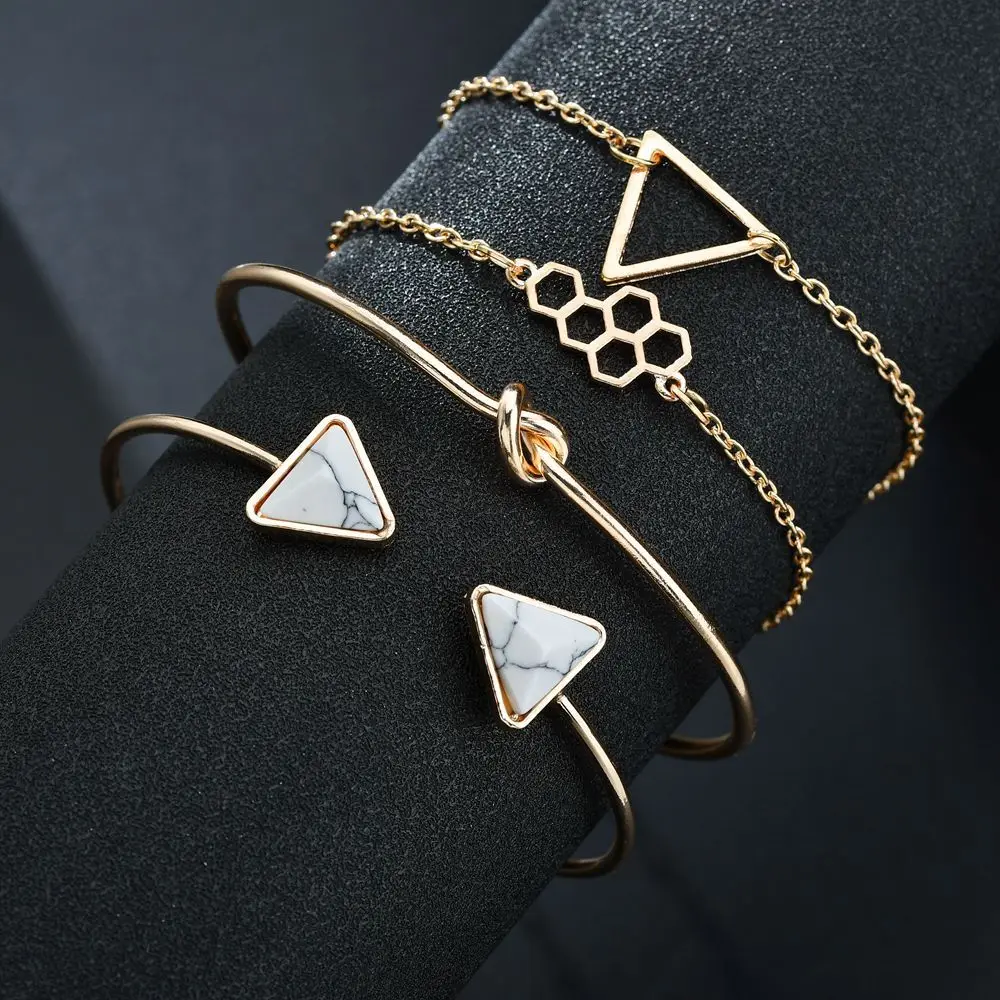 

Fashion 4Pcs/Sets Triangle Howlite Stone Bangles Sets Women Girl Punk Open Cuff Honeycomb Bracelet Set Jewelry Statement Gift