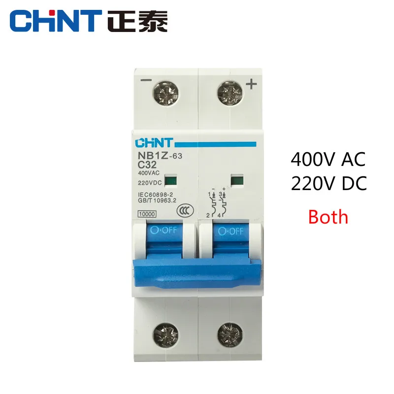 

CHINT Brand DC 220V AC400V AC/DC Home Mini Circuit Breaker Air Switch 2P Solar DC220V MCB NB1Z-63