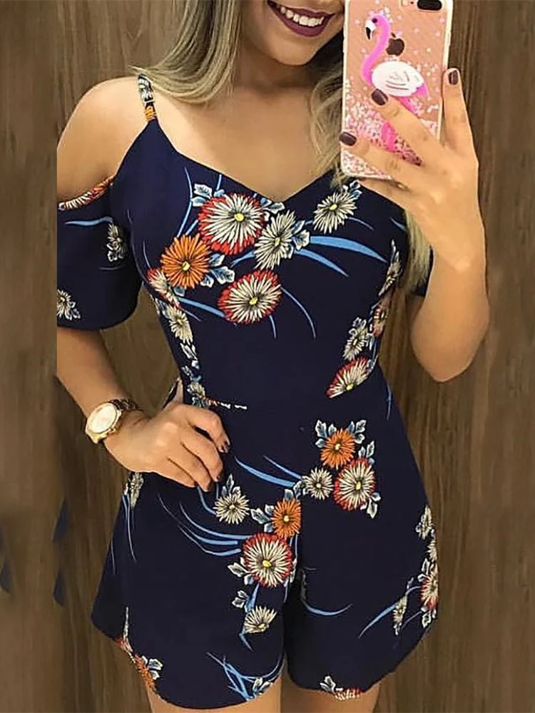 Summer Women Vacation Elegant Leisure Playsuit Spaghetti Strap Short Sleeve Floral Print Cold Shoulder Casual Romper
Summer Women Vacation Elegant Leisure Playsuit Spaghetti Strap Short Sleeve Floral Print Cold Shoulder Casual Romper
